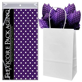 Flexicore Packaging White Kraft Paper Gift Bags & Purple Gift Wrap Tissue Paper | Size: 5.25 Inch X 3.25 Inch X 8.25 Inch | Count: 50 Bags | Color: Purple Polka Dot