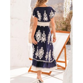 CUPSHE Women's Summer Midi Dress V Neck Ruffle Short Sleeve Smocked Waist Dress Navy Blue M