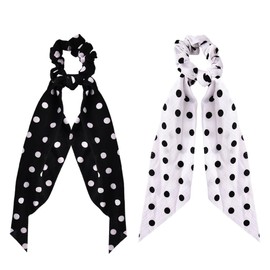 Polka Dot Ribbon Scrunchies for Women Girl Bowknot Ponytail Holder Elastic Hair Band Tie Stretchy Long Tail Hair Accessory 2 Pcs Black White Polka Dot Chiffon Hairband Rubber Band Accessories