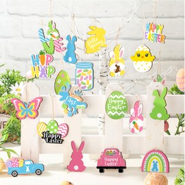 GlikCeil 40 Pcs Easter Wooden Hanging Ornaments Wood Easter Tree Decorations Decorative Spring Butterfly Flower Easter Egg Gnome Bunny Wooden Hanging Craft for Easter Spring Party Supplies (Gnome)
