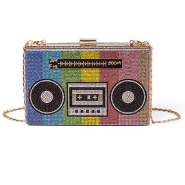 Renabro Women Retro Radio Shape Crossbody Bag Rhinestone Metal Vintage Evening Clutch Purses(colorful radio)