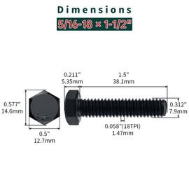 5/16-18 x 1-1/2" Hex Bolts with Nuts and Washers (10 Sets), 18-8 (304) Stainless Steel, External Hex Drive, Black Oxide Coated Hexagon Head Bolts Screws, Fayeploo