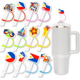 12PCS Filipino Straws Cover Cap Silicone for Tumbler Cup Birthday Party Supplies Favors Decorations, 10mm Drinking Straws Topper Hat for Reusable Straws Philippines Tips Lids