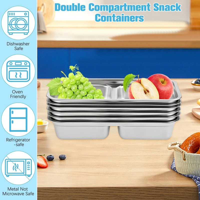 2-Pack Stainless Steel Snack Containers | 2-Compartment Bento Box with
