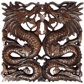 Asiana Home Decor Square Lucky Chinese Dragon Carved Wood Plaque Dark Brown Wall Art Size 17.5 Extra Thick