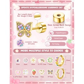 MILACOLATO 14K Gold Plated Hypoallergenic Earrings for Women Surgical Steel Flat Back Earrings for Sensitive Ears Cute Daisy Small Hoop Earring Flower Strawberry Butterfly Heart Screw Back Stud Sets