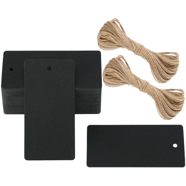G2PLUS Gift Kraft Paper Tags, 4.5 x9 CM Luggage Wedding Labels, 300g/m² Large Blank Gift Tags with String, 100 PCS Black Paper Gift Tags for Birthday Party, Wedding Gift Favors