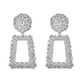 Flyonce Metal Statement Silver Rectangle Geometric Earrings, Large Square Drop Dangle Earrings for Women, Vintage Bohemian Boho Jewelry