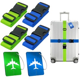 PUWOWYE Pack of 4 Suitcase Strap, Suitcase Strap Eye-catching, Adjustable Luggage Strap, 2 Pieces Suitcase Straps, 2 Pieces Blue Suitcase Straps Green with 2 Pieces Luggage Tags