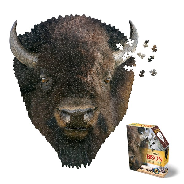 Madd Capp BISON 550 Piece Jigsaw Puzzle For Ages 10 and up - 3011 - Unique Animal-Shaped Border, Poster Size, Challenging Random Cut, Five-Sided Box Fits on Bookshelf, Includes Educational Fun Facts
