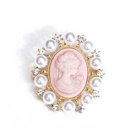Rhinestone Pearl Cameo Brooch Pin for Women Girls Fashion Dainty Gold Tone Shell Pearls Crystal Wreath Carved Pink Victorian Lady Brooches Lapel Pins Vintage Dress Accessories Wedding Birthday Party Jewelry
