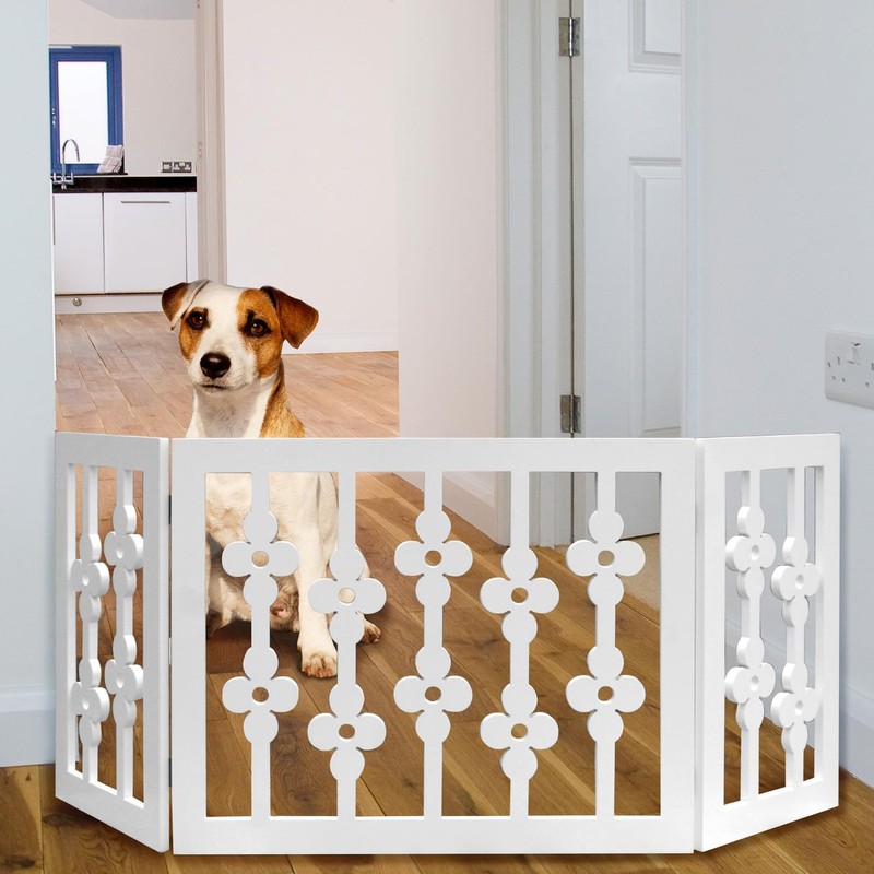 Etna White Floral Wooden Pet Gate - Freestanding Foldable Adjustable