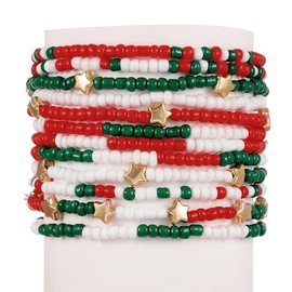 Pingyongchang Cute Xmas Beads Bracelets Set Red Green White Boho Stackable Adjustable Multi Layer Bangle Bracelet for Women Men as Christmas Party Vacation Friendship Gifts-12pcs