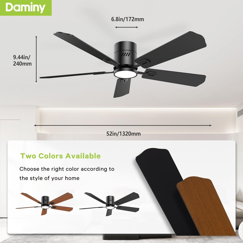 DAMINY 52 inch 5 Blades Black Ceiling Fans with Lights,Flush