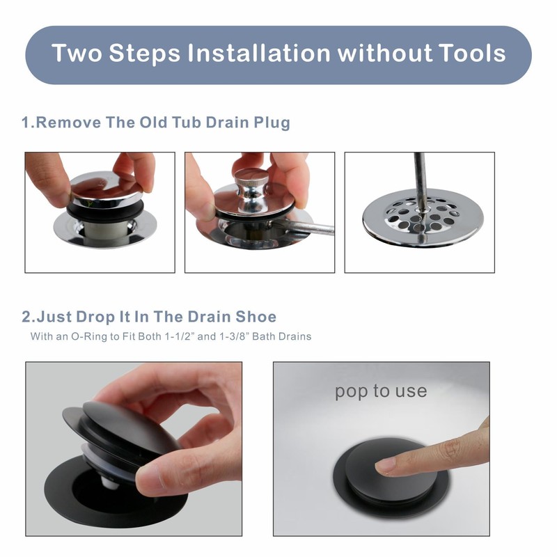 Matte Black Tub Drain Stopper, Hidrop Pop Up Universal Tub