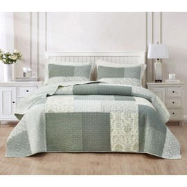 Chezmoi Collection Cooper 3-Piece Muted Gray White Ivory Floral Plaid Patchwork Quilt Set - Pre-Washed Cotton Quilted Lightweight Reversible Bedspread for All Seasons, Super King 128x110