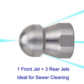 Tool Daily Stainless Steel Fixed Sewer Jet Nozzle, Button Nose 3/8'' NPT Female 4.0 Orifice, 4000 PSI (3/8 Inch)