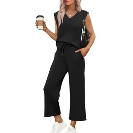 SAMPEEL Summer Outfits for Women Trendy Vacation Travel Outfits Matching Sets Women Clothing Going Out Top Sweat Lounge Sets 2025 Black XL