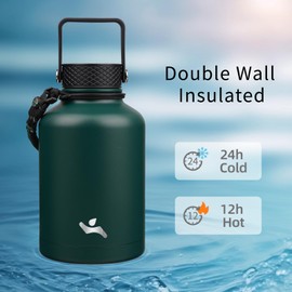 Konokyo Insulated Water Bottle with Straw,50 oz 3 Lids Water Jug with Carrying Bag,Paracord Handle,Double Wall Vacuum Stainless Steel Metal Flask,Dark Green
