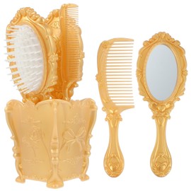 Vanity Set Comb Brush Mirror: Hand Mirror Comb Set Brush, with Storage Holder for Women Girl Creative （Golden）