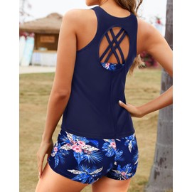 Yonique - Trajes de baño tankini para mujer, 3 piezas, playera sin mangas con pantalones cortos para niño y brasier modestos trajes de baño, Galaxy Blue Leaf, XL