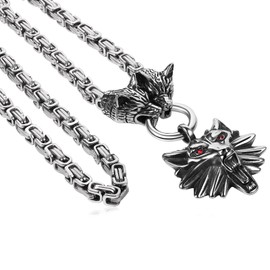 Flongo Men's Viking Wolf Pendant Necklace: Stainless Steel Wolf Head Norse Amulet - King Chain Pirate Jewellery with Odin Warrior Bear Claw Agletfor Gift for Men Father's Christmas Valentine's Day