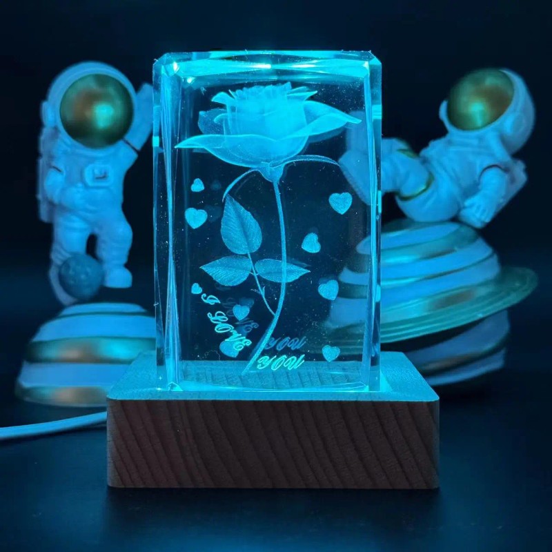 Toolzia 3D Crystal Rose Night Light with Wood Base