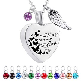 misyou Butterfly Angel Wing Memorial Urn Necklace with Birthstone Crystal, 316L Stainless Steel, Unisex