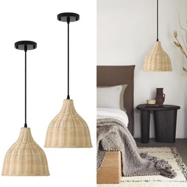 TERLEENART Hard Wired Rattan Pendant Lights Set of 2,Boho Wicker Chandelier with 9.84” Dome Shade, Basket Hand Woven Hanging Lamp for Coastal Kitchen Island Dining Room Living Room Bar Foyer Hallway