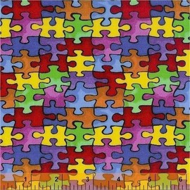 Cotton Jigsaw Puzzle "Autism Awareness" Cotton Fabric Print by the Yard D682.13