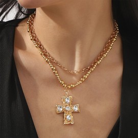Gold Chunky Cross Necklace for Women Statement Necklace Pearl Cross Pendant Necklace Layered Hammered Bold Cross Necklace Vintage Toggle Clasp Necklace Jewelry