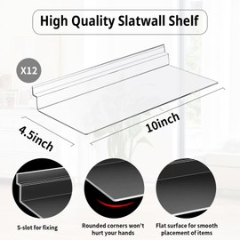SKTMH 12Pcs Acrylic Slatwall Shelves Hanging Slatwall Accessories, 4x10 Inch Hanging Slatwall Shelves Clear Slatwall Shelf Plastic Shelves Shoe Shelves for Shoe Store Boutiques Retail Display Supplies