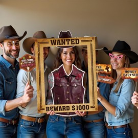 Western Party Decorations, 28 Pcs Western Photo Booth Props with Wanted Poster Photo Booth Frame, Wild West Photobooth Props for Rodeo Themed Party Decor