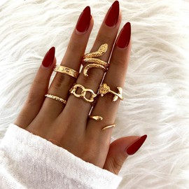 6-9Pcs Snake Rings Set for Women,Boho Snake Moon Flower Multicolor Knuckle Vintage Rings Crystal Stacking Finger Rings for Jewelry (Gold3)