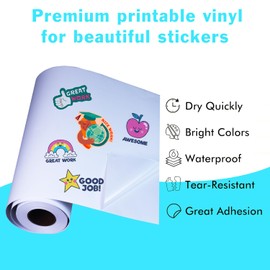 Printable Vinyl Sticker Paper Roll, 13 inch x 32.8 ft Matte White Water-Resistant Sticker Paper Labels for Roll-feed Inkjet Printer with 2 inch Core
