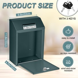 Yaocom Metal Donation Cash Box Collection Safe Suggestion Box with Lock Wall Mounted Mailbox Delivery Ballot Container for Home Office Outdoor Door(Green,11.8 x 8.6 x 4.7 Inch)