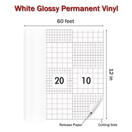 Lzerking Permanent Vinyl, 12in x 60ft Adhesive Vinyl for Mugs, Signs, Decorations - Permanent Adhesive Vinyl Roll for Cricut, Siser Romeo Cutting Machines (Glossy White)