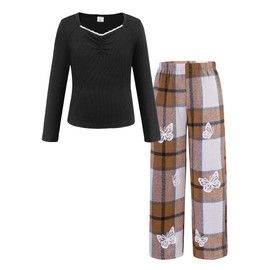 YOURUIKEY Girls' Clothing Set Lace V Neck Shirt Plaid Butterfly Pants Kids 2 Piece Fall Winter Outfit Tween Girl Trendy Clothes Size 10