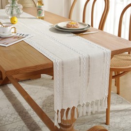 2 Pack Boho Cream Tassel Table Runner, Retro Garden Style Braided Striped Linen Table Runner for Kitchen Wedding Party Dinning Birthday Decor (2, 33*92cm)