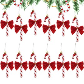 RobLuX Pack of 12 Christmas Candy Canes for Hanging and 12 Red Bows Candy Canes Christmas Decoration Christmas Tree Decoration Christmas Tree Pendant (Red)
