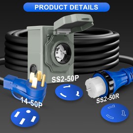 50 Amp Generator Cord 15FT and Power Inlet Box, Pre-Drilled 50 Amp Generator Inlet Box with Cord, 125V/250V NEMA 14-50P to SS2-50R Twist Locking with Inlet Box for Generator to House, UL&ETL Listed