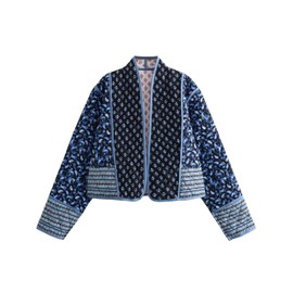 OPCAKM Women's Cropped Floral Print Quilted Jacket Lightweight Coats Open Front Puffer Outerwear(Blue-L)