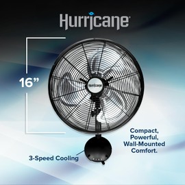 Hurricane Pro High Velocity Oscillating Metal Wall Mount Fan w/ 3 Speeds, Black, 16" - Corded Electric Air Cooling Unit w/Powerful 2400 CFM Airflow for Home, Garage, Gym, Workshop & Greenhouse