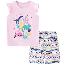 Toddler Girl's Summer Clothes Outfit,Dinosaur Cotton T-Shirt and Shorts Clothing Set Lt Pink 5t