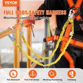 VEVOR 38mm Safety Lanyard, 6ft(1.83m) Fall Protection Lanyard with 2 Alloy Steel Snap Hooks, Retractable Safety Belt for Outdoor/Indoor Tree Climbing, 38KN Breaking Tension Lanyard, Yellow