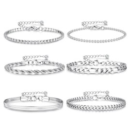 Dochais 6Pcs Chain Bracelets Set for Womens Girls 14K Gold Plated Stacking Bracelets Silver Twist Figaro Rope Cuban Chain Bracelets Adjustable CZ Link Charm Bracelets Jewellery