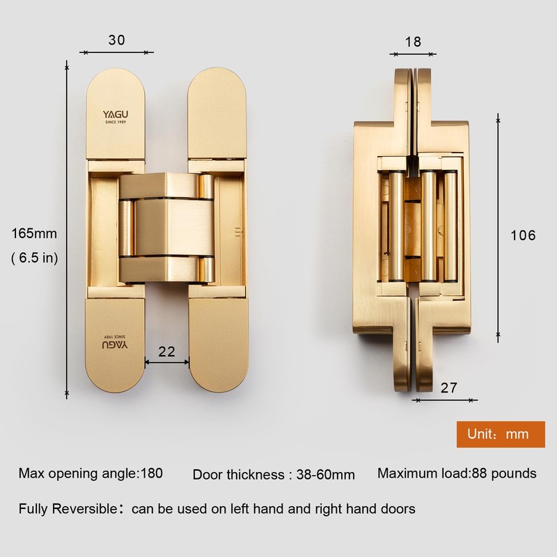 YAGU 3 Way Adjustable Invisible Door Hinge Concealed Hidden 180