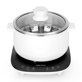 Aroma Housewares 2.5-Liter Smart Electric Hot Pot & Rapid Boil Steamer with Automatic Stainless Steel Steamer Basket Lift, White, ASP-700