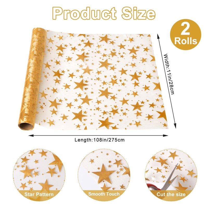 NALVXIN 11" W 108" L, 2 Rolls, Gold Star Decor