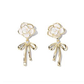 YAXUN 925 Sterling Silver Gold Plated Rose Flower and Pearl Stud Earrings For Women and Golden Bow Inlaid with 5A Cubic Zirconia Drop Earrings Fashionable Lovely Jewellery Gifts For Ladies Girls